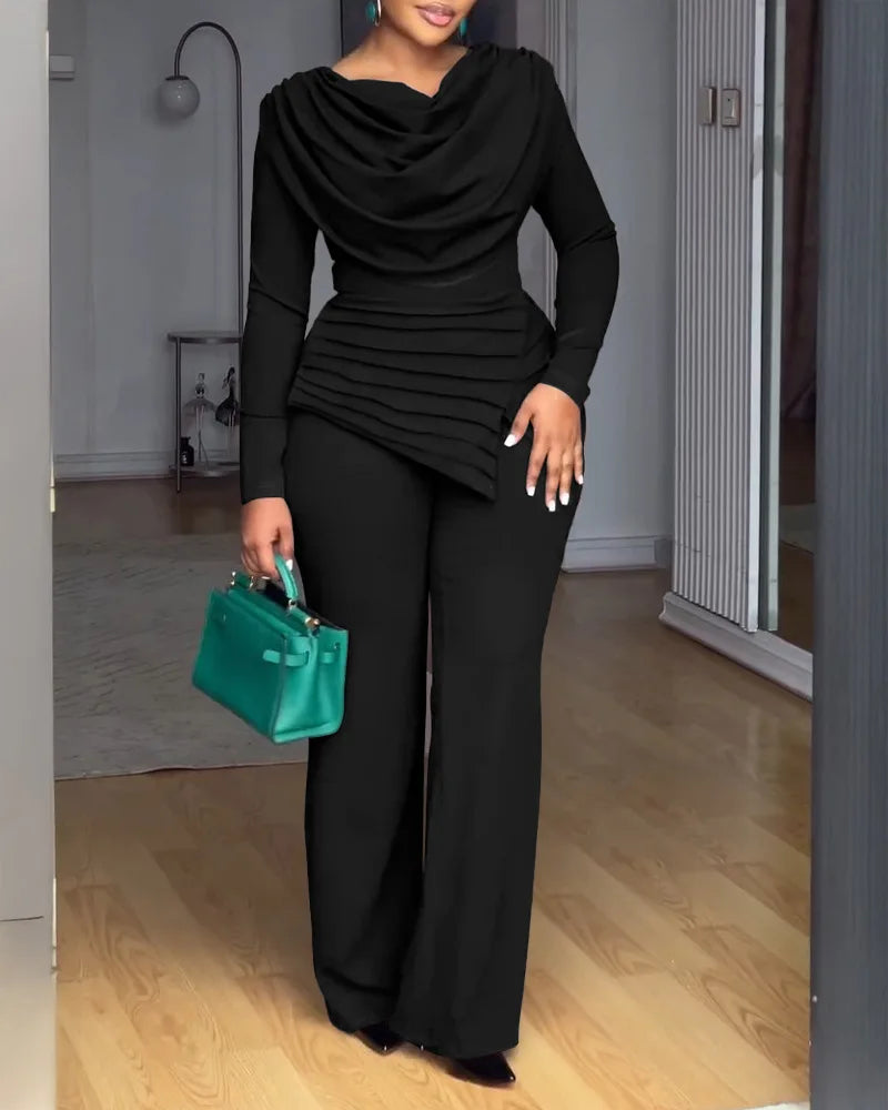 Birmingham Swing Collar Ruched Jumpsuit Long Sleeve Solid Elegant Color