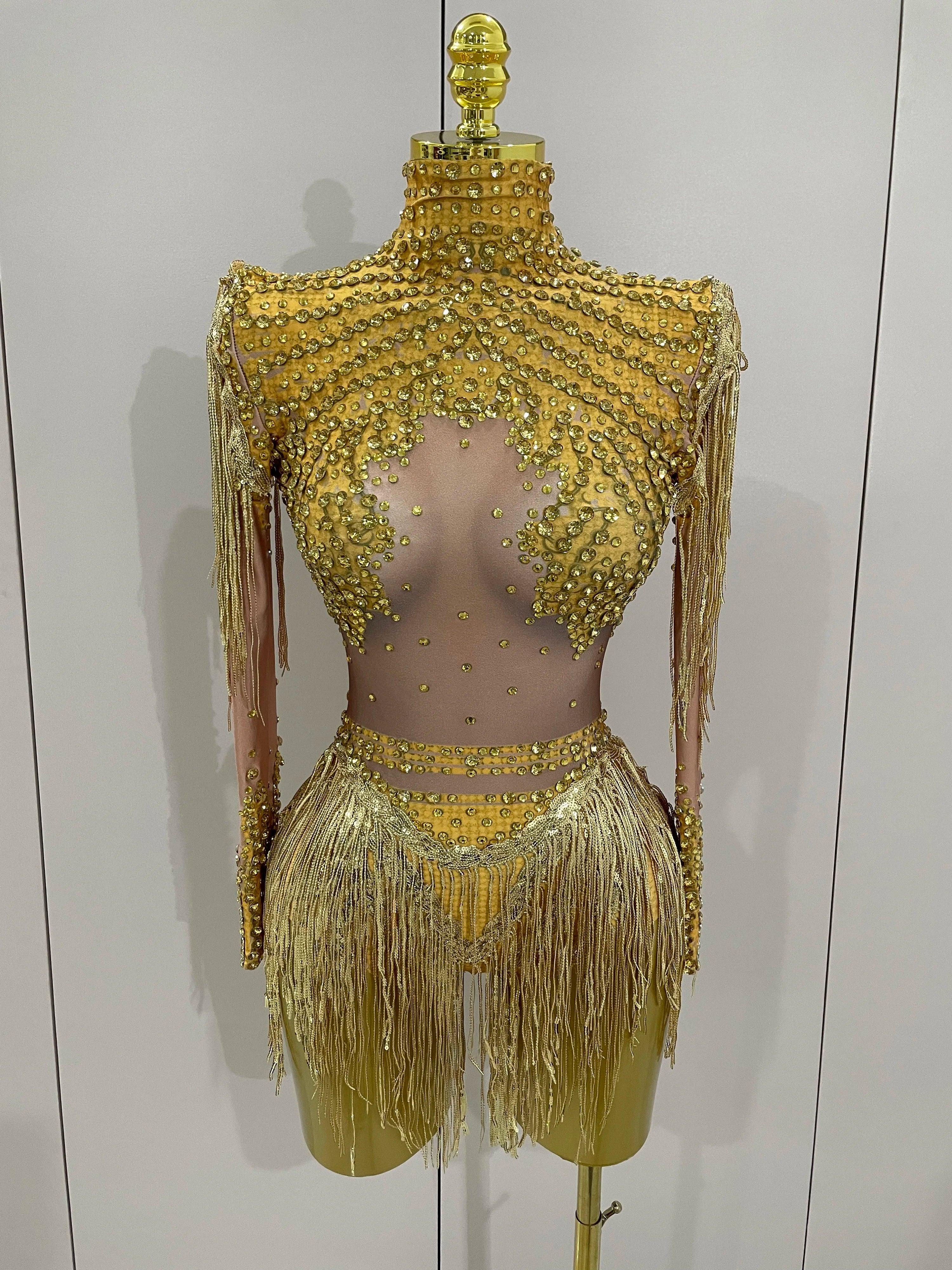 Chambersburg Sparkly Rhinestone Sequin Tassel Stretch Jumpsuit