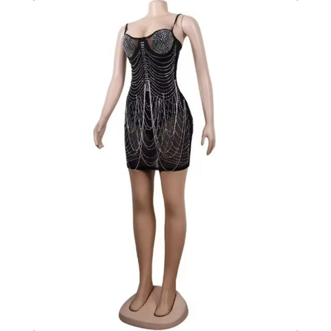 Franklin Township Rhinestone Fringe Glam Mesh Sequins Party Clubwear Mini Dress