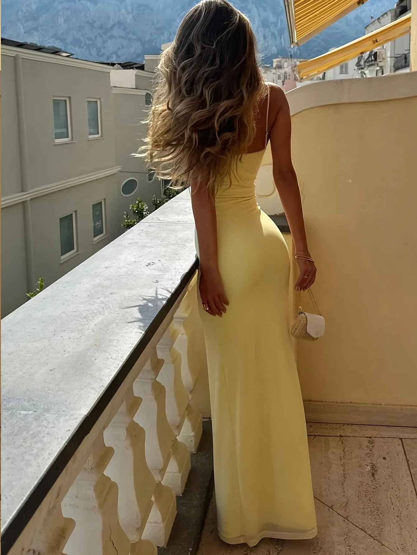 Delaware V Neck Yellow Dress With Sexy Backless Casual Slim Dyed Dress
