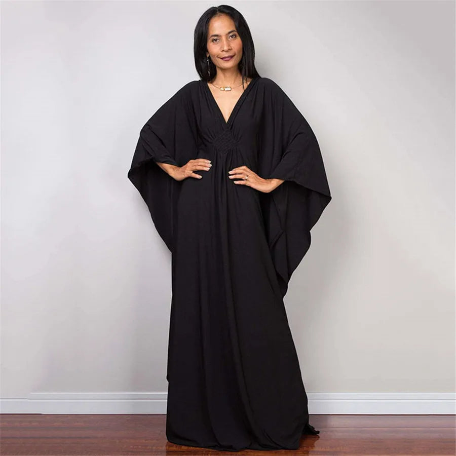 Plaza Plus Size Caftan Solid Color Plus Size Beach V Neck Cover Up Loose Soft Kaftan Dress