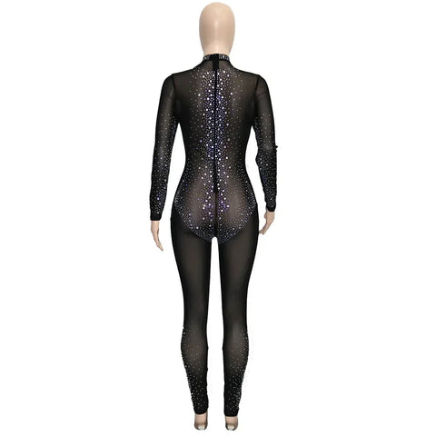 Union Square Fashion Sexy Mesh Perspective Hot Drill Long Sleeve Jumpsuit