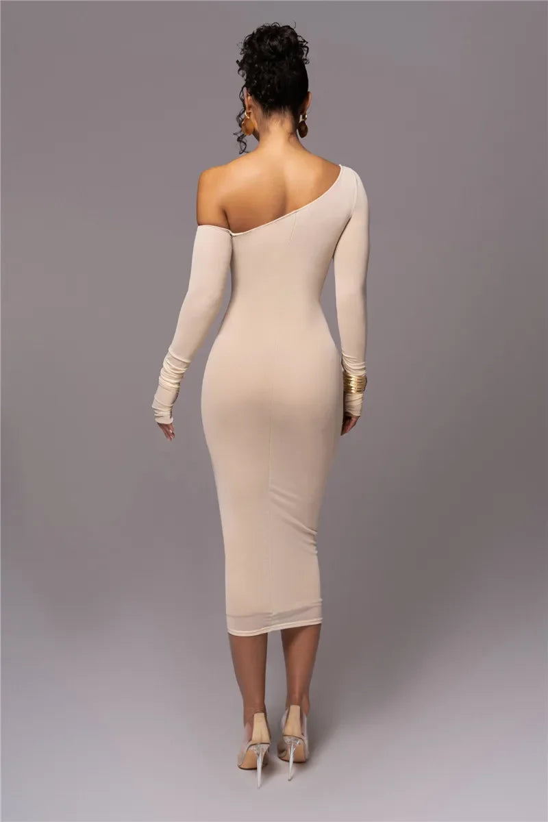Dyker Heights Diagonal Collar Long Sleeve Mesh Backless Ruched Bodycon Midi Dress