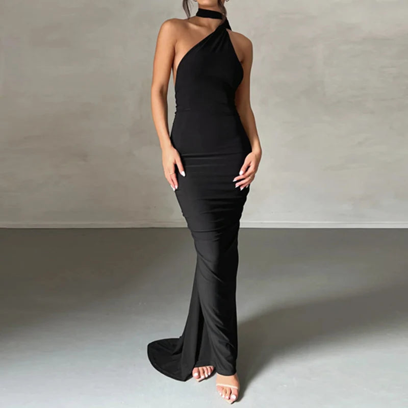 Jefferson One Shoulder Sleeveless Backless Ruched Bodycon Maxi Dress