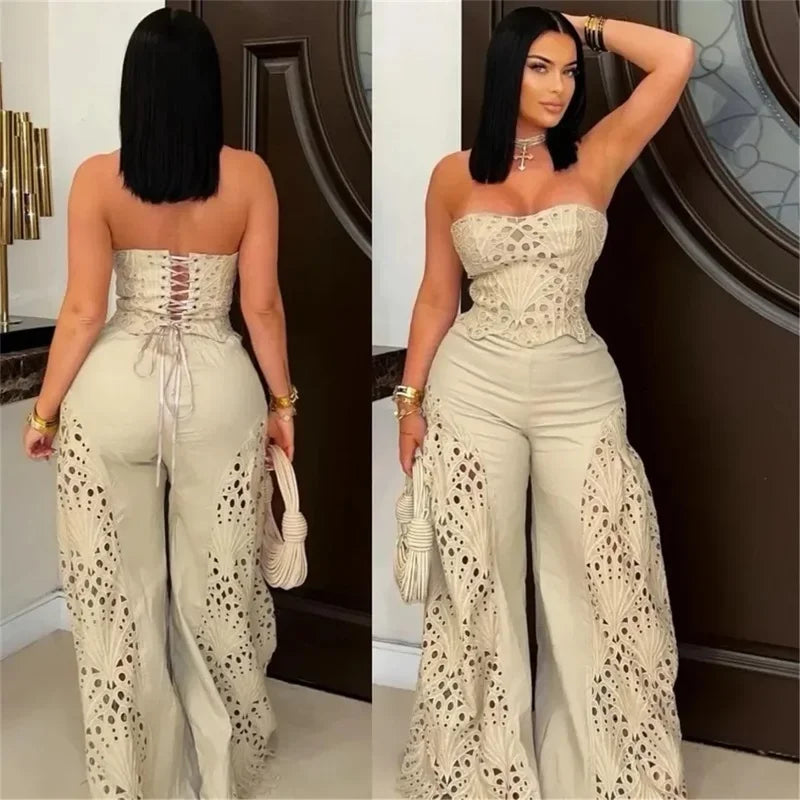 Lyons Trousers Sexy Strapless Lace Up Formal Guest Elegant Matching Set