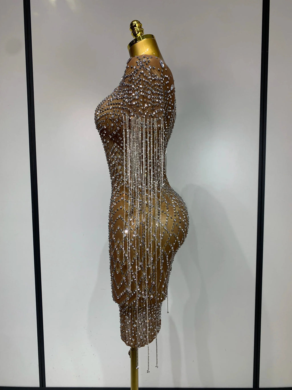 Bedford Luxury Sparkly Rhinestones Tassel Transparent Mesh Stretch Long Dress
