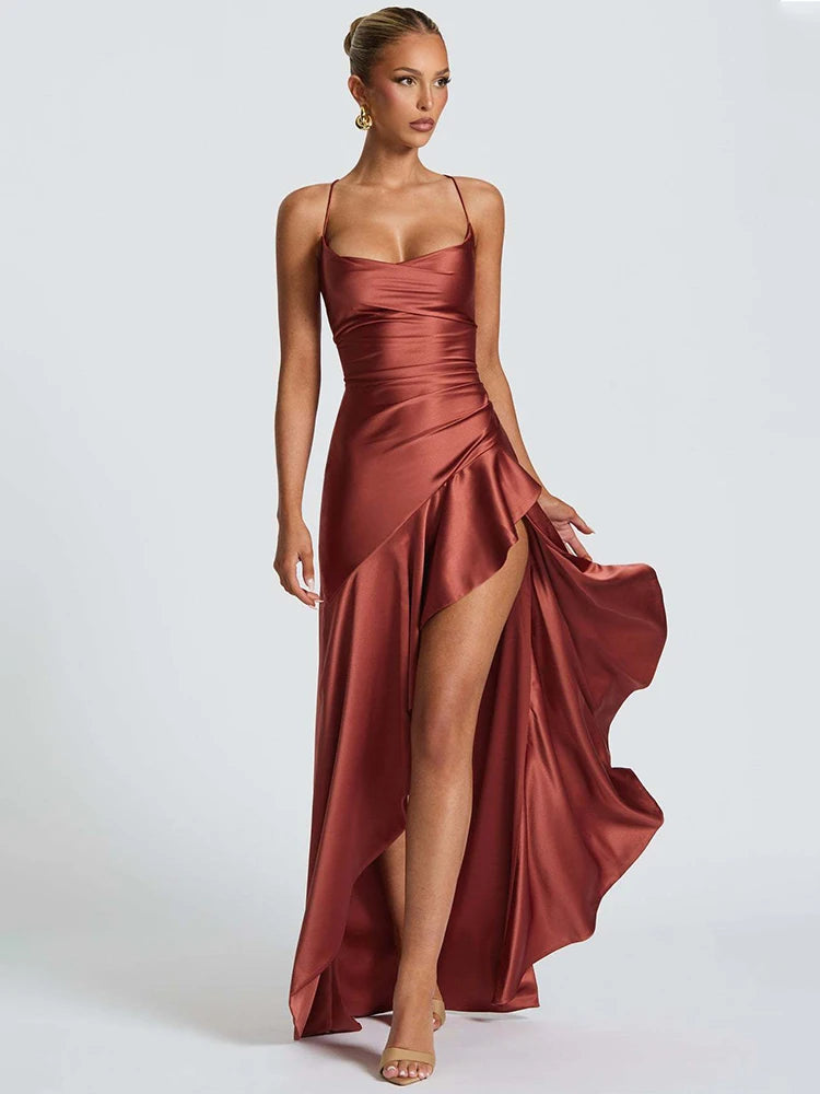 Haverstraw Satin Spaghetti Strap Ruffle Sexy Off-shoulder Sleeveless Backless Maxi Dress