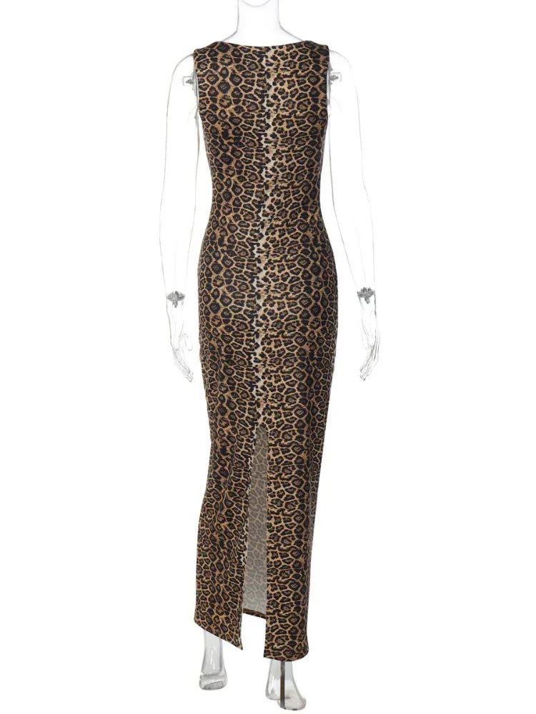 Bath Beach Elegant Square Collar Sleeveless Bodycon Split Leopard Print Long Party Dress