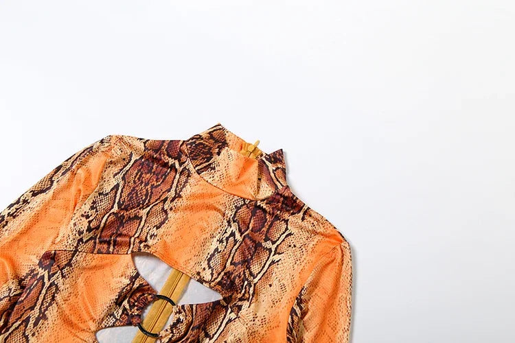 Canarsie Hollow Serpentine Print O Neck Full Sleeve Skinny Peach Hip Jumpsuit