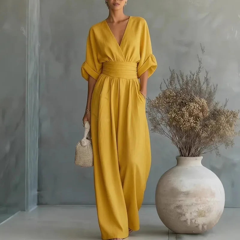 Women's Jumpsuit Fashion High Waist V-neck Casual Jumpsuits Sexy Solid Color Office Wide Leg Trousers Overalls Linen Chic
