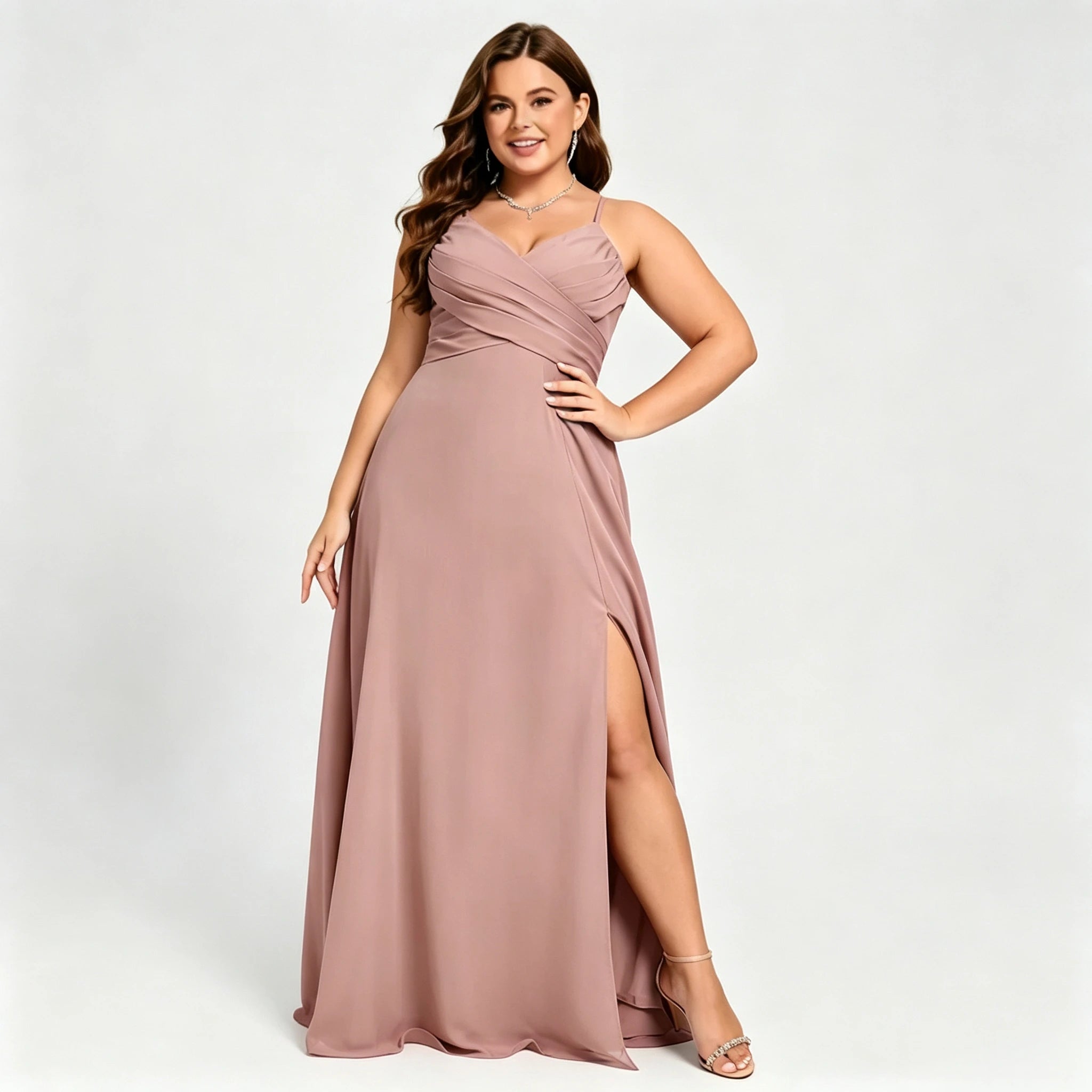 Lawrence Plus Size Chiffon Bridesmaid Dress Dusty Rose Crisscross Back Slit Formal Gown