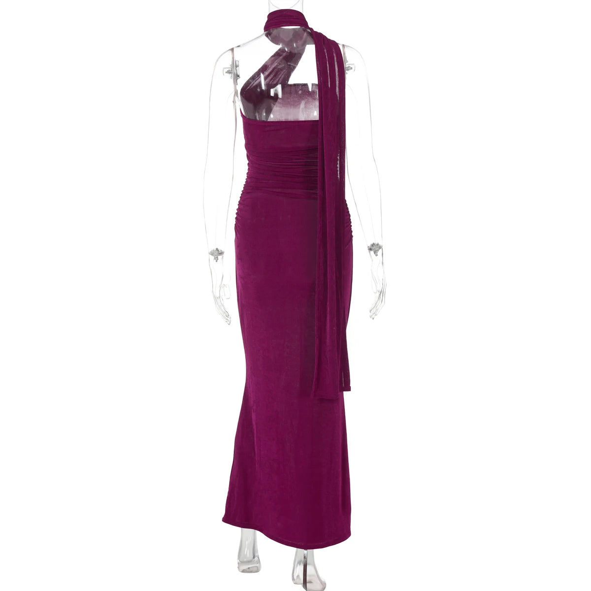 Chicago Halter Solid Sleeveless Backless Ruched Sexy Bodycon Maxi Prom Dress