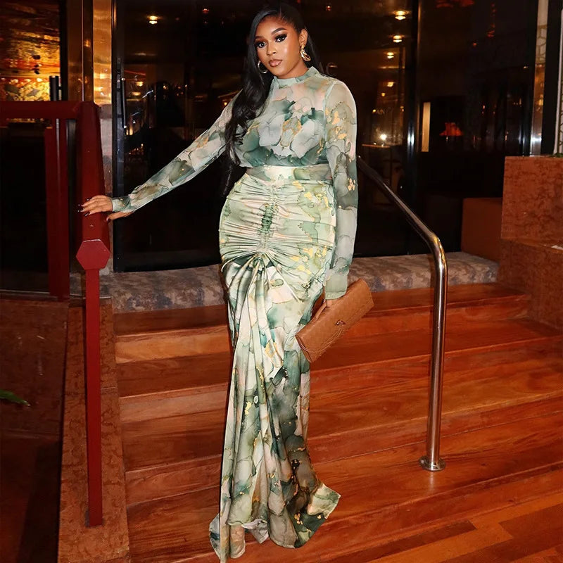 Long Sleeve Combo and Drawstring Ruched Maxi Long  Outfit Sets