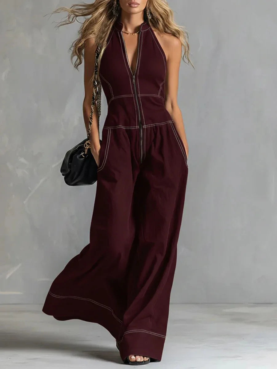 2026 New Summer Women's Jumpsuit Solid Color With Zipper Casual Loose Fashion Comfortable Unique Retro Niche Commuting Jumpsuit