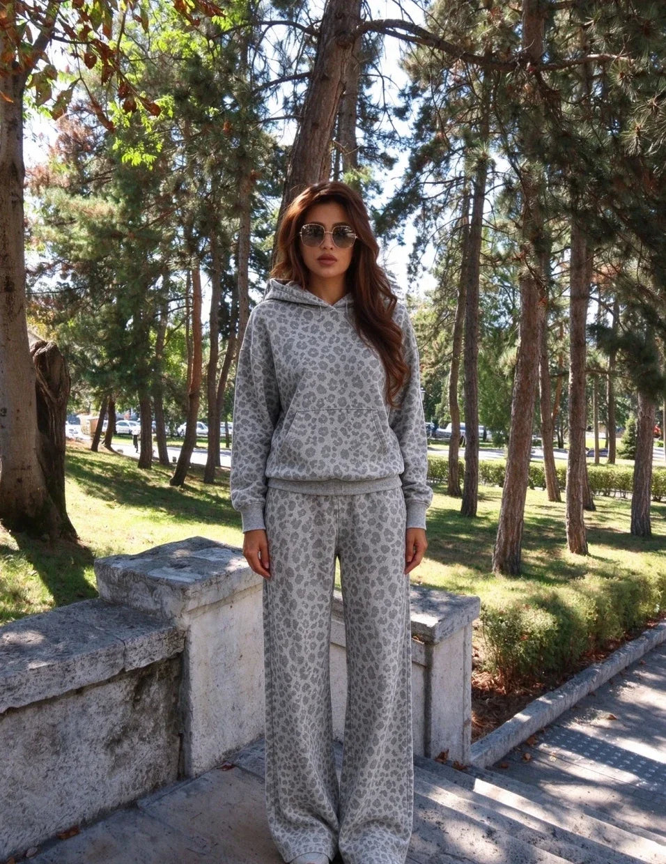 Sanely Women Grey Leopard Print Two Piece Sets