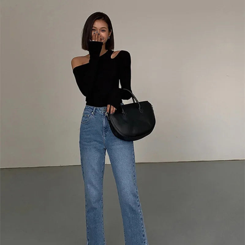 Union City Skew Collar Off Shoulder Long Sleeved T Shirts New Solid Slim Fit Crop Top