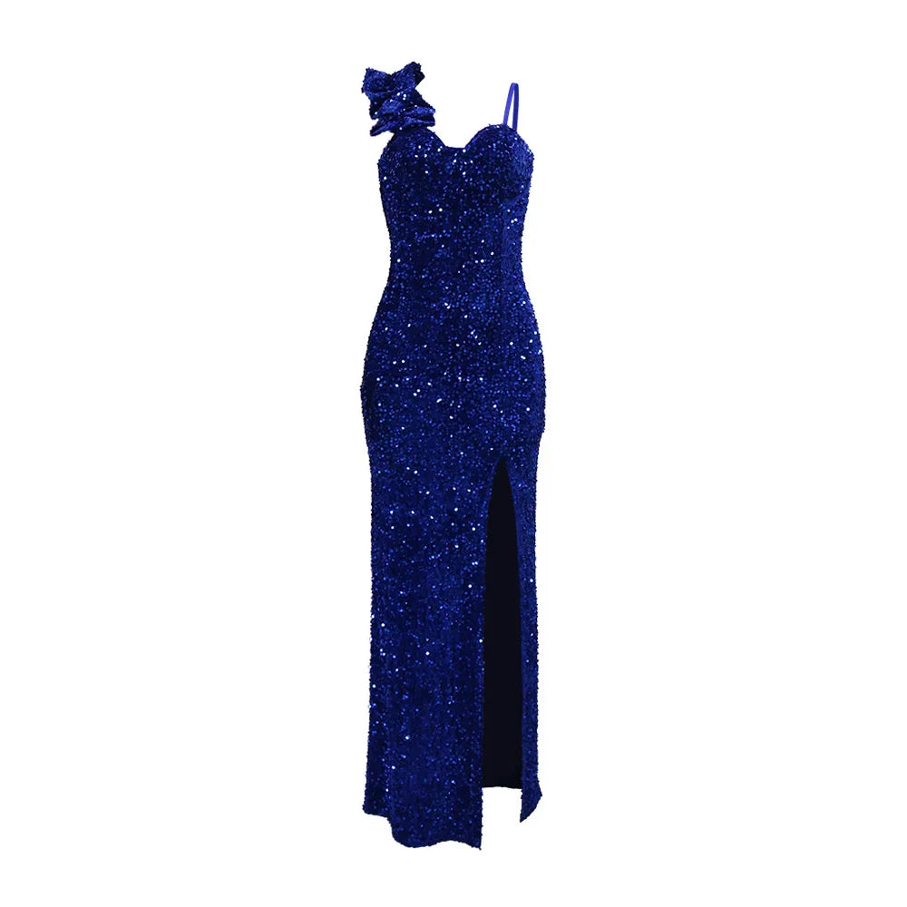 Bayone Sexy Sequins Solid Sexy Slim Fit Evening High Waist Elegant Lady Sleeveless Split Dress