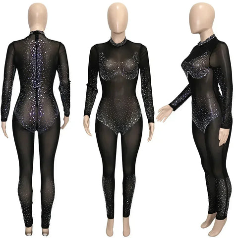 Union Square Fashion Sexy Mesh Perspective Hot Drill Long Sleeve Jumpsuit