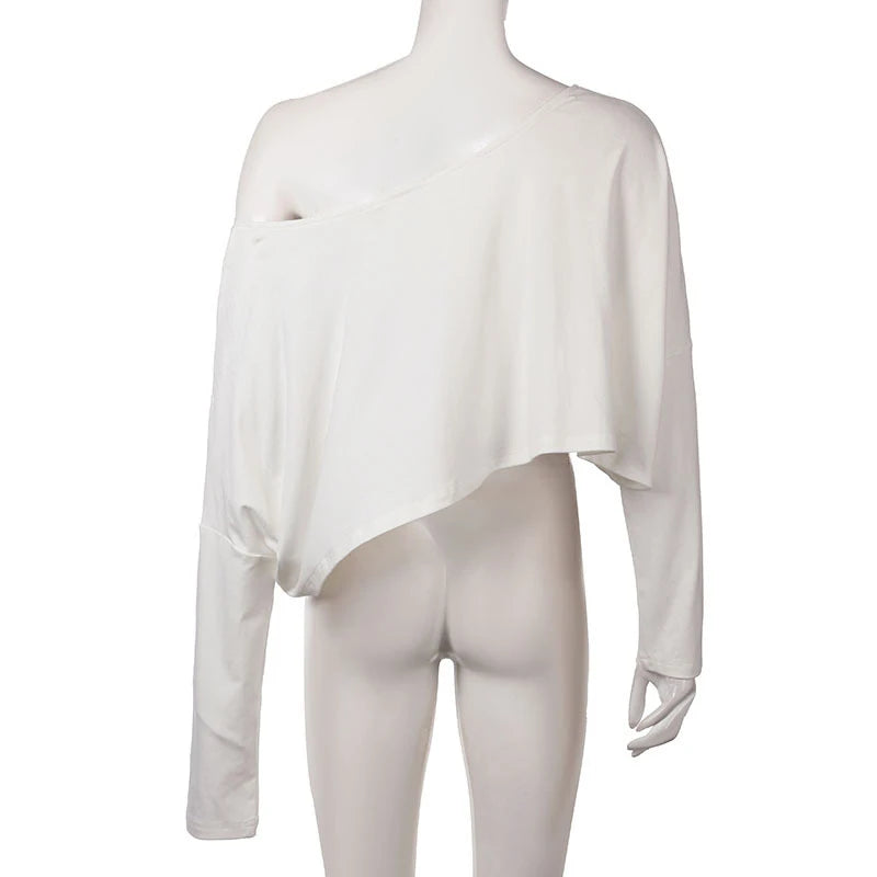 Mercury Streetwear Off Shoulder Crop White Long Sleeve Loose Tops