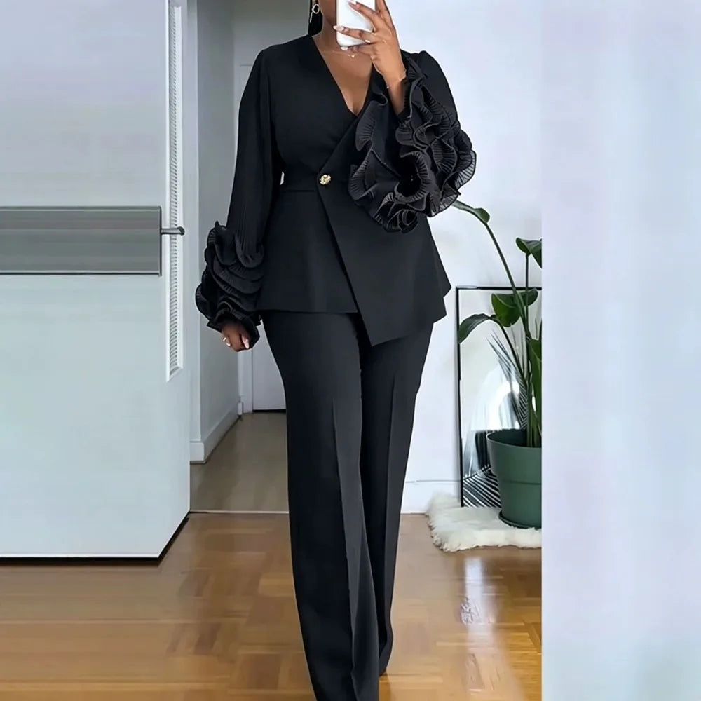 Mila Deep‑V Ruffle Long‑Sleeve Straight‑Leg Two Piece Sets