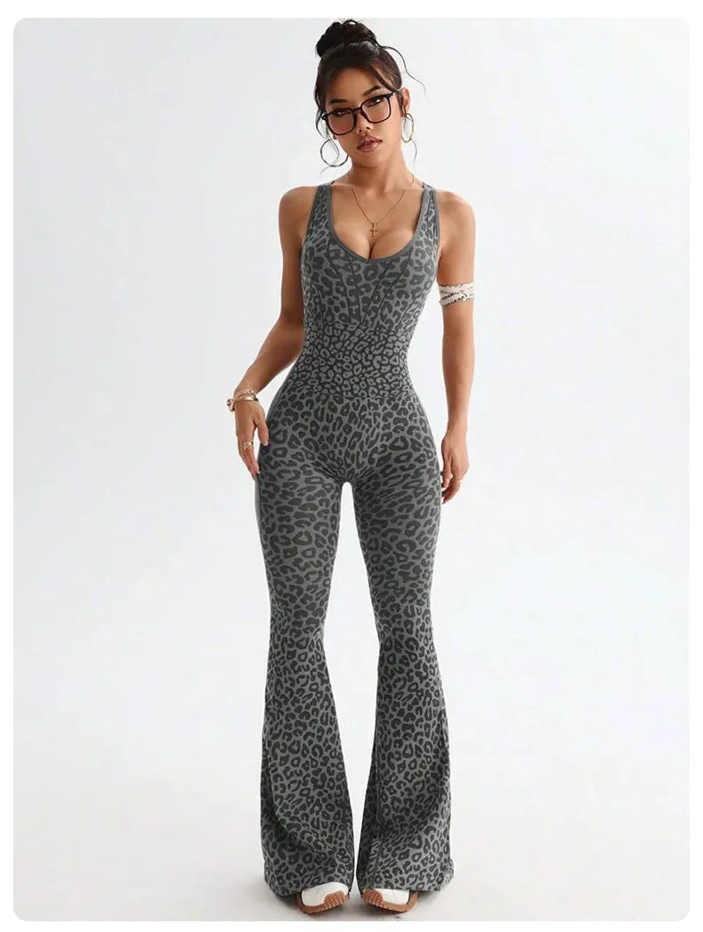 Reading Leopard Sportwear Sleeveless Backless Flare Jumpsuits