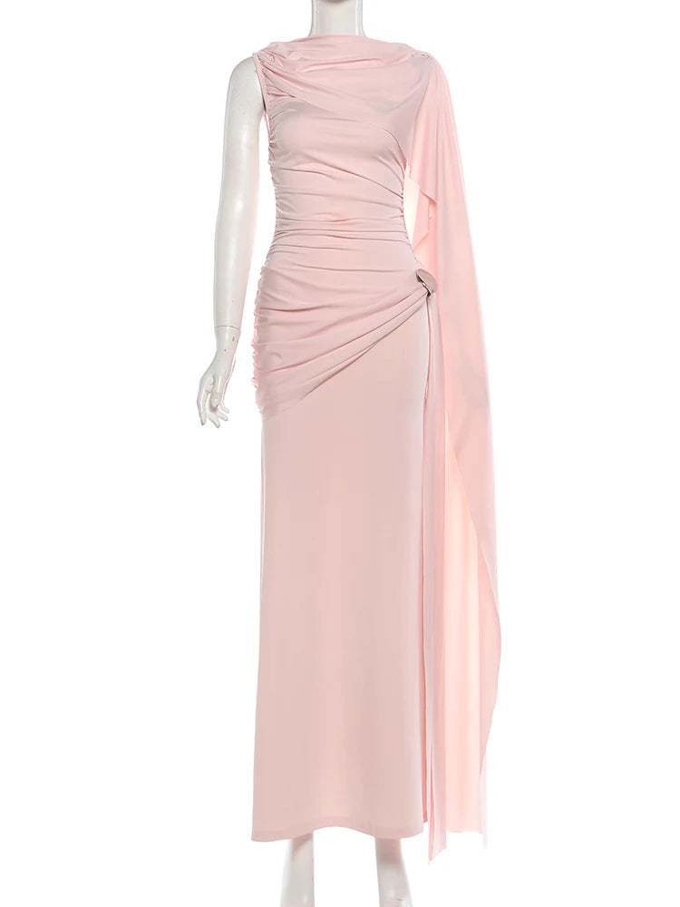 Linden Elegant Ruched O Neck Sleeveless Irregular Ribbon Metal Trim Classic Dress