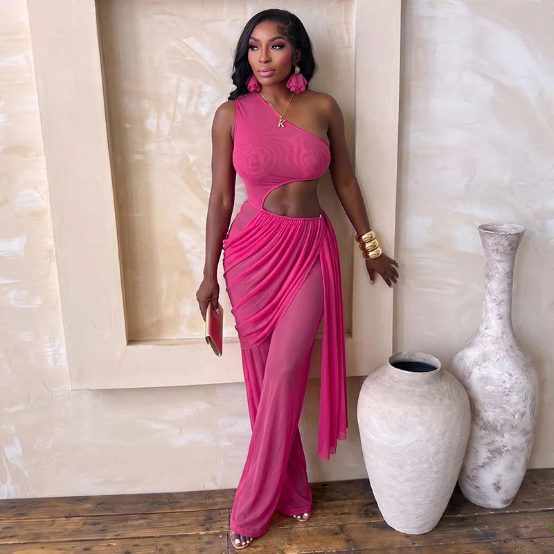 Alabama Mesh See Through One Shoulder Cutout Waist Jumpsuit Draped Overlay
