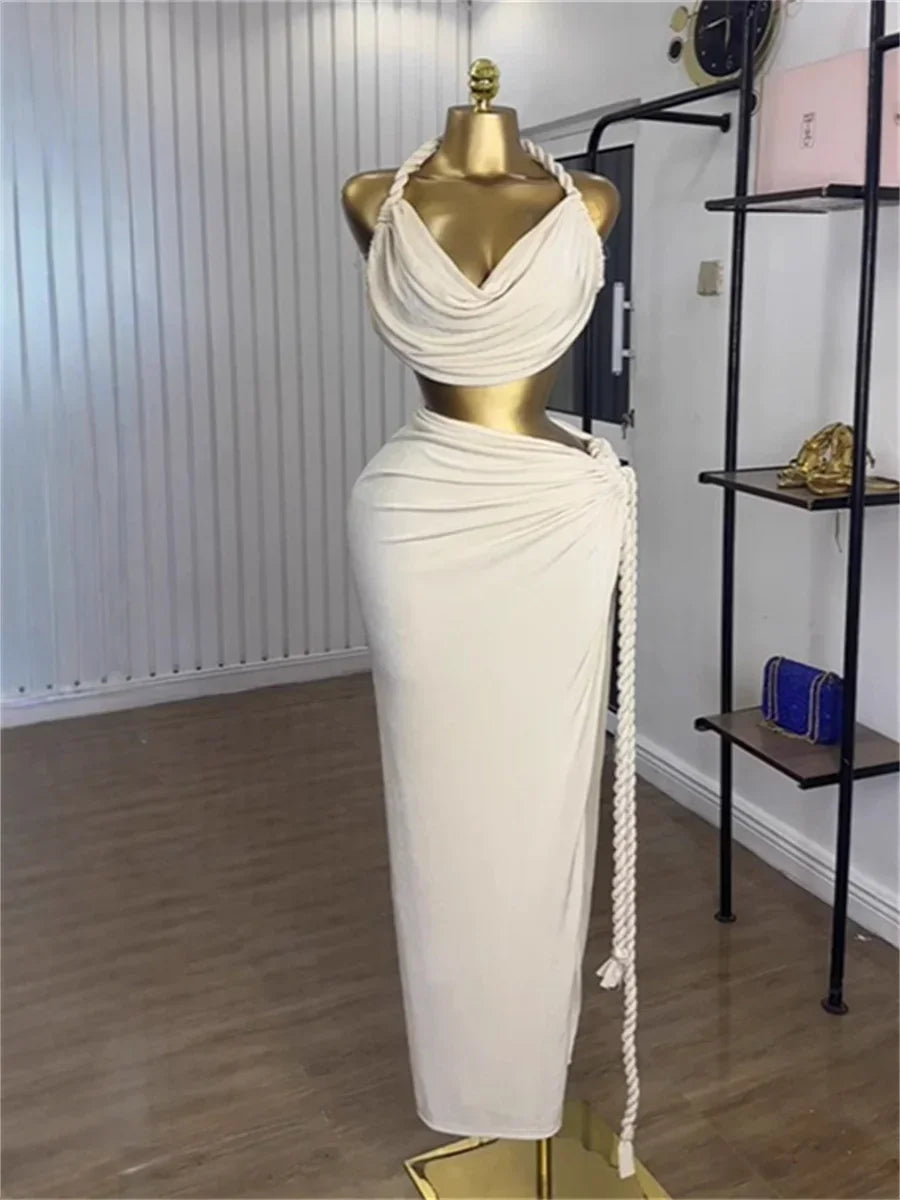 Belchertown Halter Swing Collar Backless Bandage Split Maxi Set