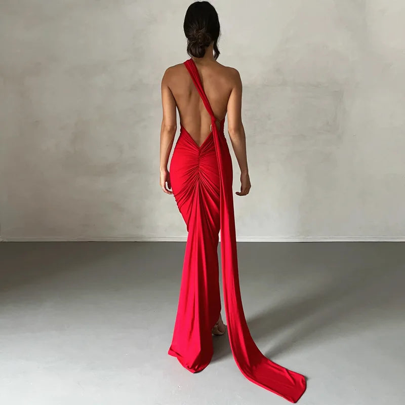 Jefferson One Shoulder Sleeveless Backless Ruched Bodycon Maxi Dress