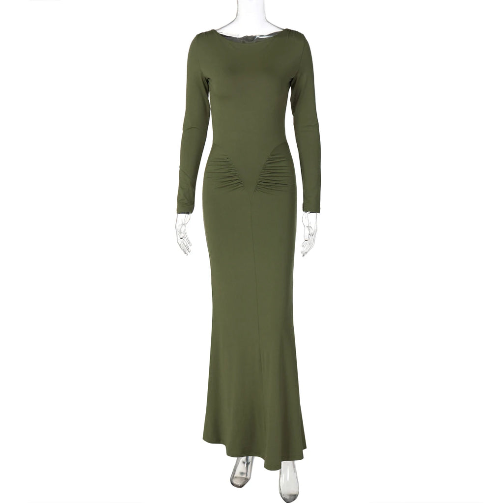 Shore Beach Solid Long Sleeve Draped Sexy Bodycon Maxi Party Dress