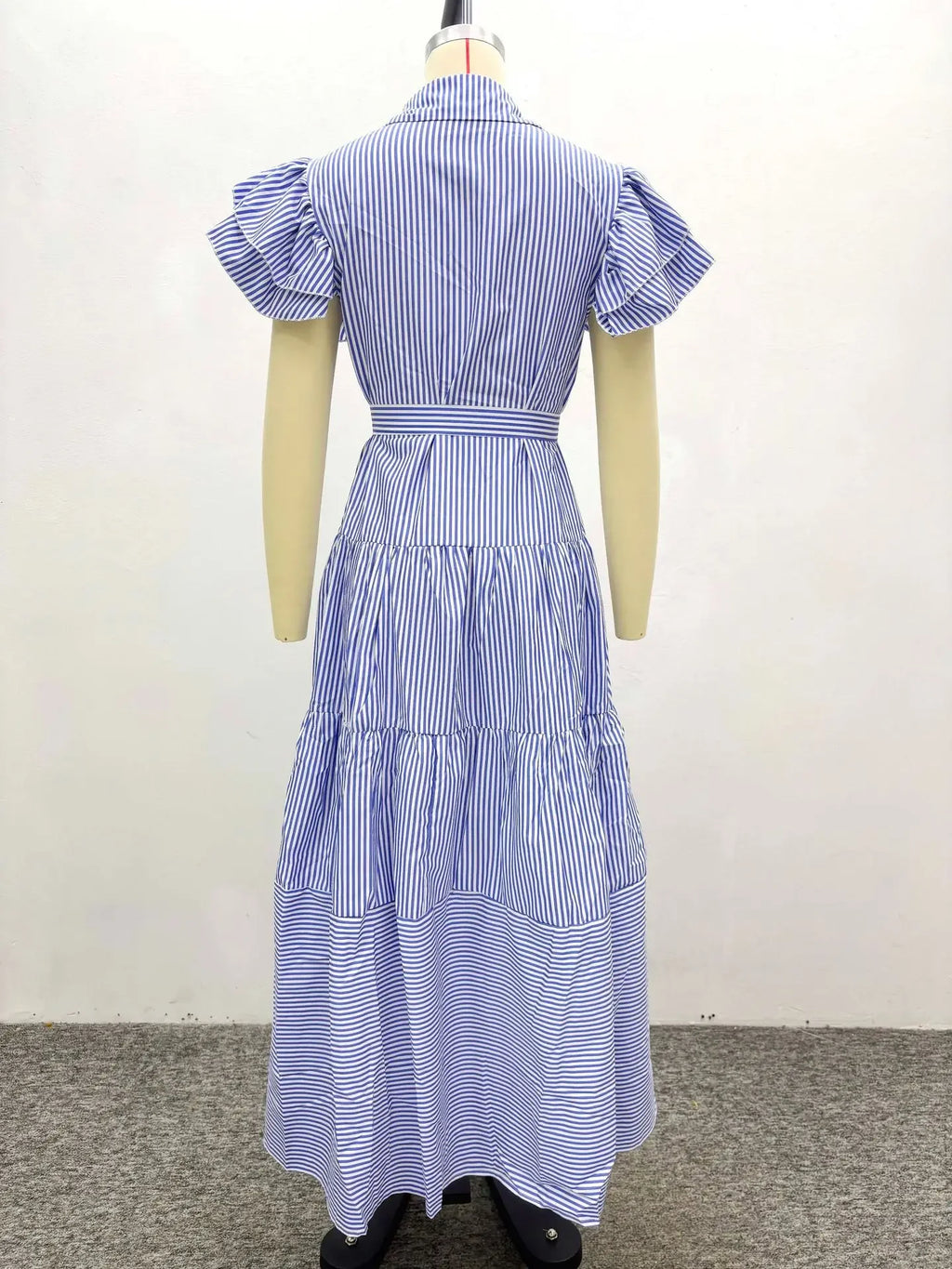 Rutherford Striped Butterfly Sleeve Loose High Waist Single Breasted Casual Long Dress
