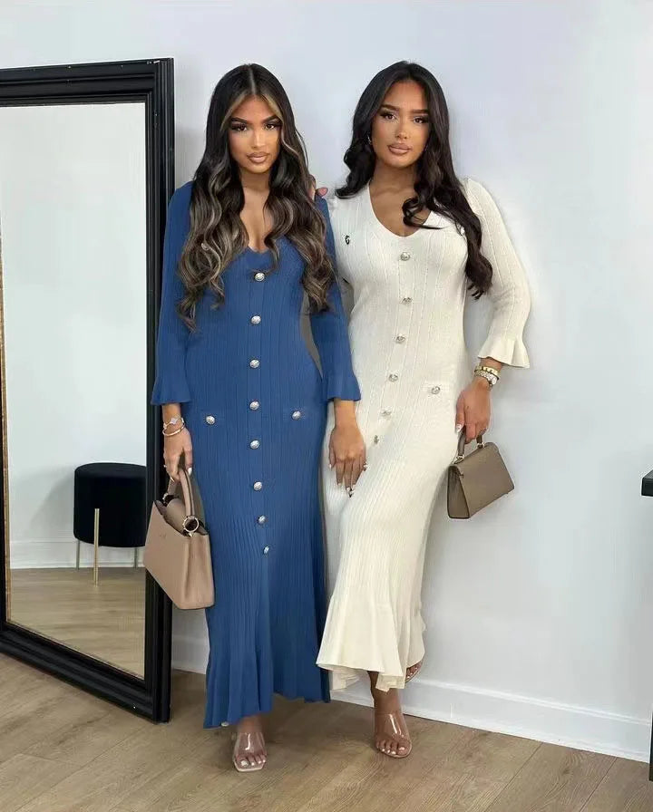 Tennessee Elegant Knitted Fashion V Neck Long Sleeves Slim Buttons Solid Color Long Dress