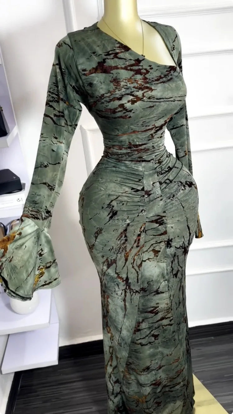 Vermella Printed Skew Neck Flare Long Sleeve Ruched Long Dress