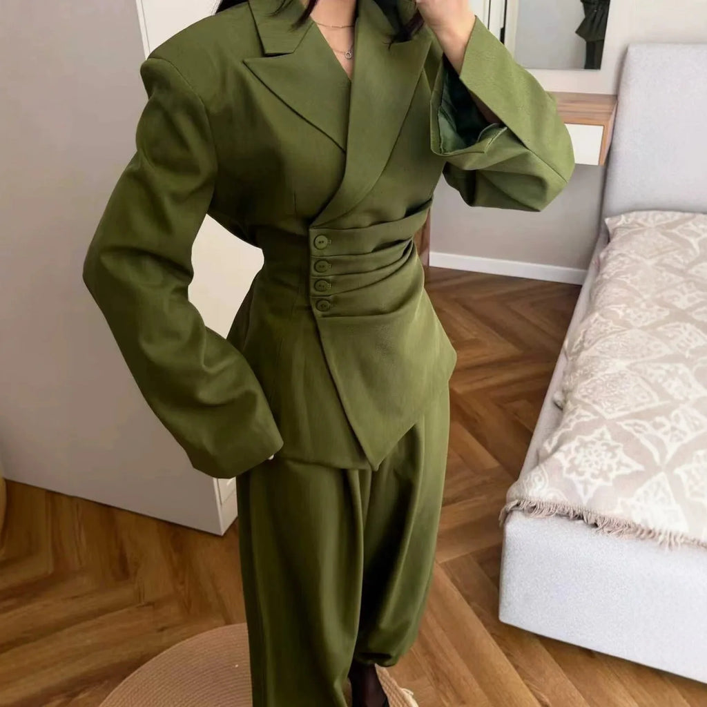 Victoria Asymmetric Ruched Waist Suit Two Piece Sets