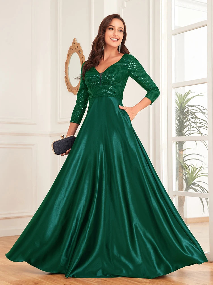 Egipt Elegant Sequins Long sleeves Evening Luxury Deep V Neck Satin Dress