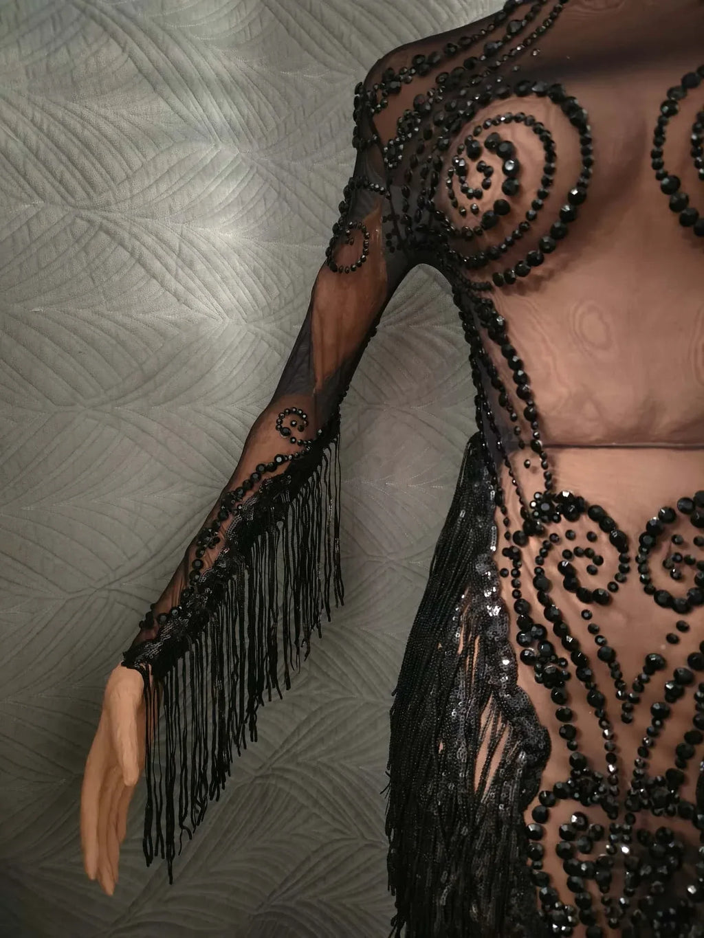 Carbondale Sparkly Rhinestone Tassel See Through Mesh Mini Dress