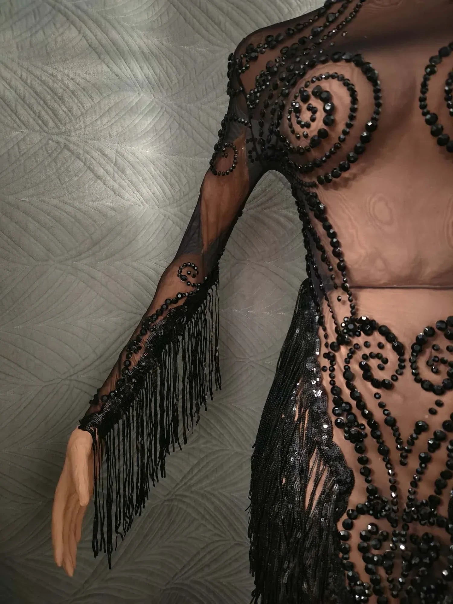 Carbondale Sparkly Rhinestone Tassel See Through Mesh Mini Dress