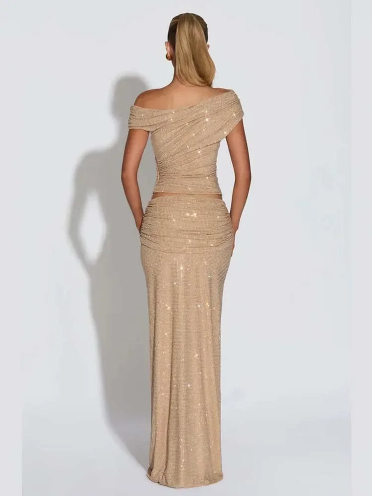 Shirley Beading Sequin Two Piece Set Crop Slim Outfits