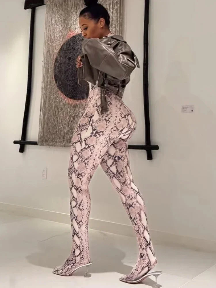 Bensonhurts Snake Print Foot Zip Trend O Neck Full Sleeve Stretch Jumpsuit