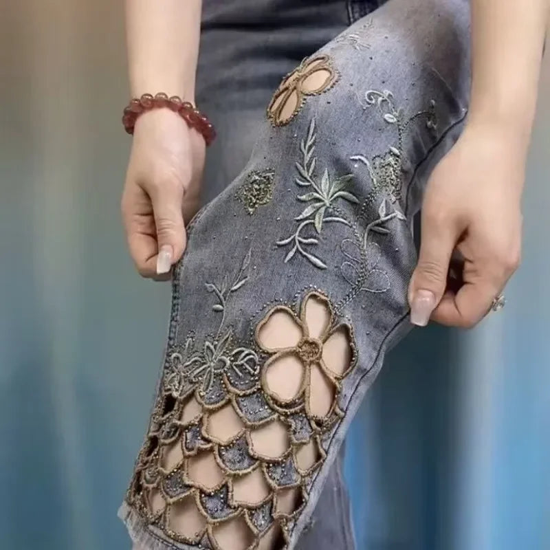 Wantage High End Hollowed Out Embroidered Denim Eight Cigarette Tube Pants