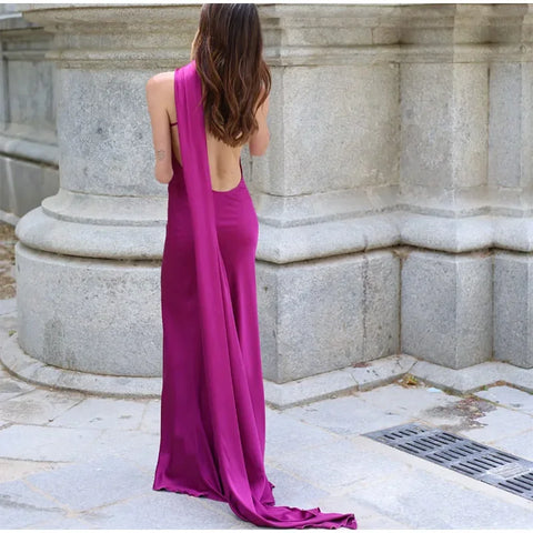 Meadville Elegant Ribbon Halter Solid Off Shoulder Sleeveless Backless Slim Maxi Dress