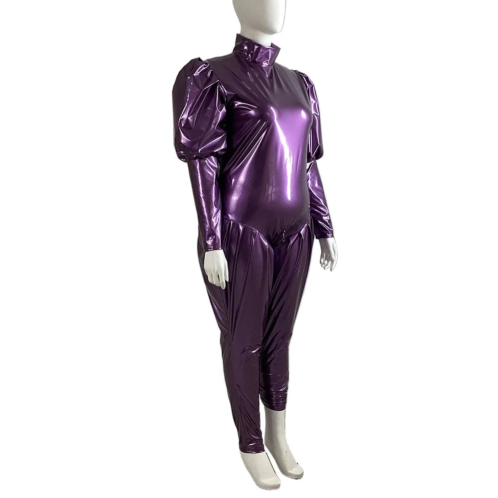 Sleeves Jumpsuit Sexy Zipper Open Crotch Catsuit Party High Neck Wetlook Rompers Female
