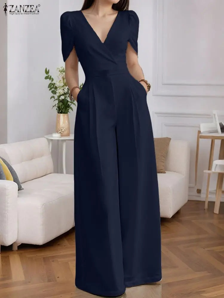 Weirton High Waist Jumpsuits Workwear Belt Rompers Solid Deep V Neck Elegant Overalls