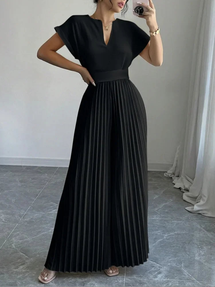 Elegant Pleated Jumpsuits for Women V-Neck Jumpsuits Fashion Summer High Waisted
