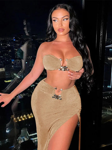 Nahomi Velvet Sexy Strapless High Waist Slit Two Piece Sets