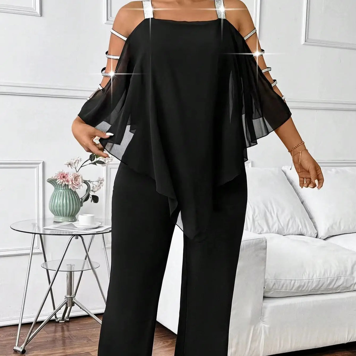 Plus Size Jumpsuit Women Cold Shoulder Chiffon Flare Sleeve Wide Leg Jumpsuit