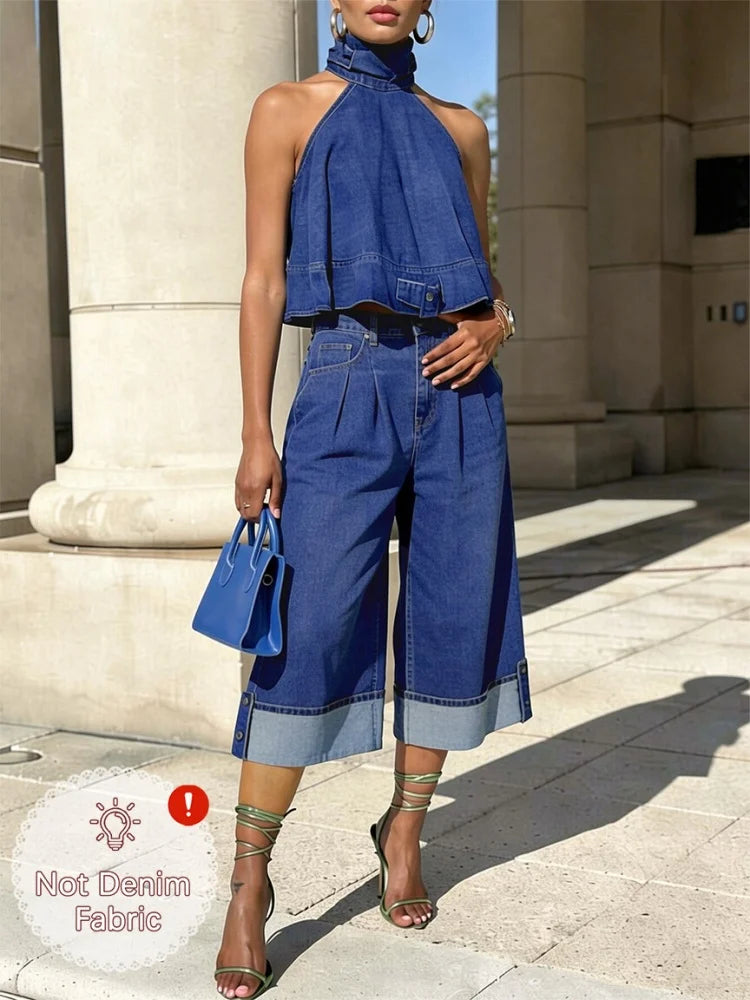 Tamara Halter Neck Sleeveless Cropped Two Piece Sets