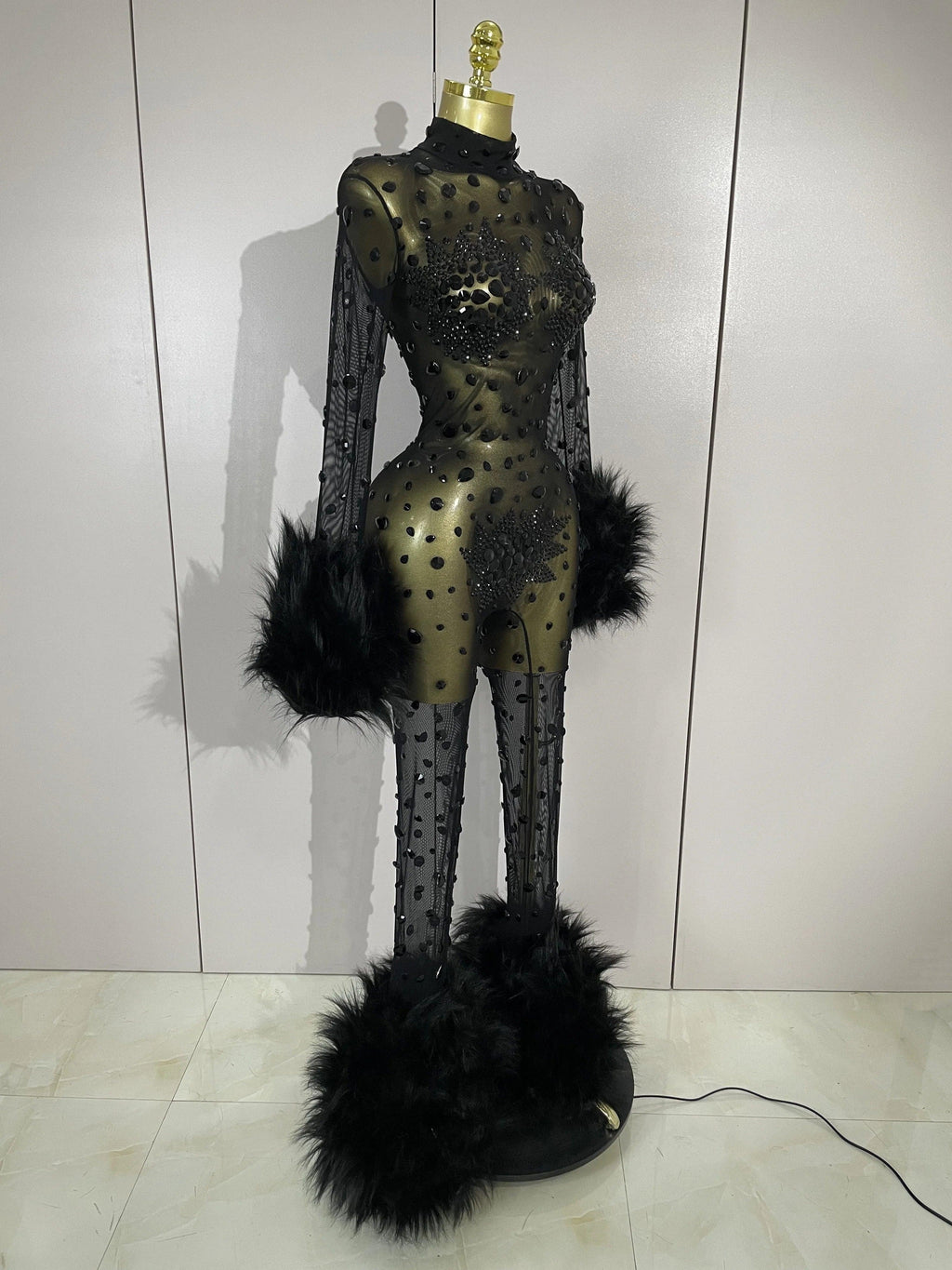Binghamton Diamond Black Mesh Transparent Stretchy Long Sleeve Jumpsuit