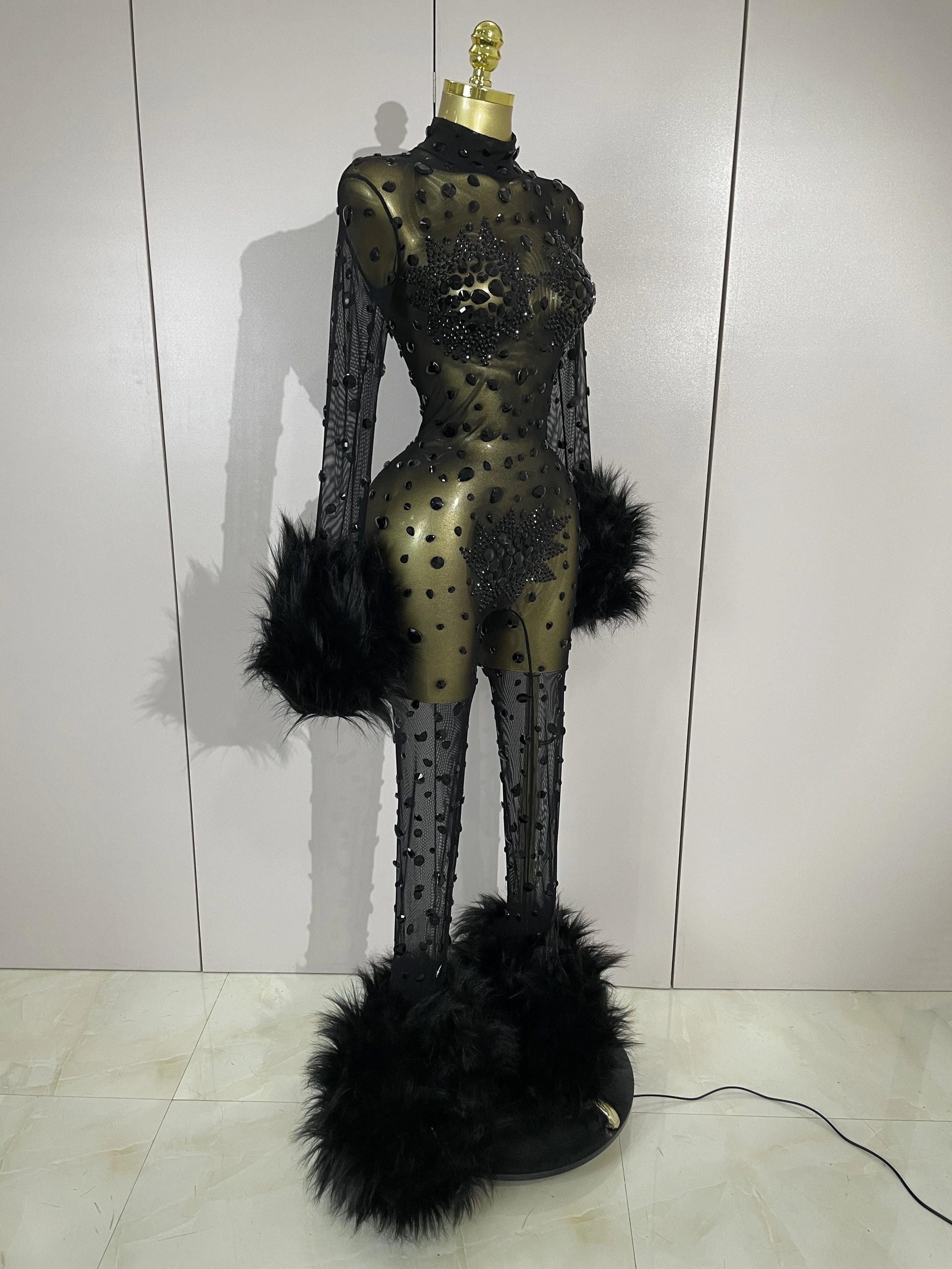 Binghamton Diamond Black Mesh Transparent Stretchy Long Sleeve Jumpsuit