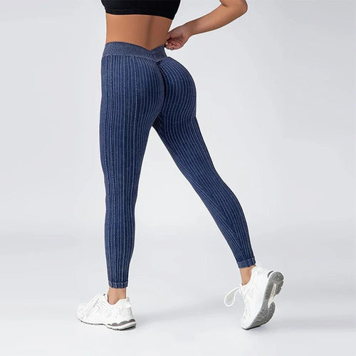 Andober Striped V Back Fashion Gym Outdoor Fitness Athletic Workout Elastic Leggings